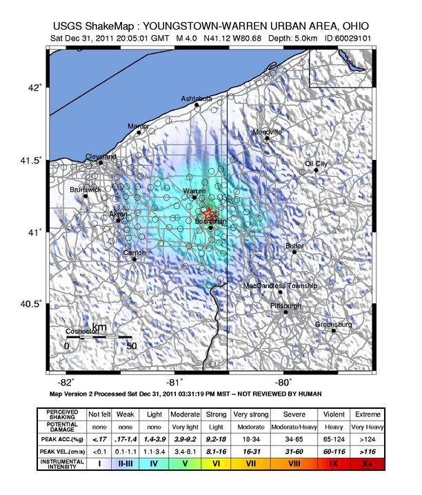 Youngstown, Ohio earthquake shakemap