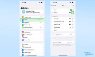 Two screenshots showing where to find the Wi-Fi menu in the iOS 16 settings app