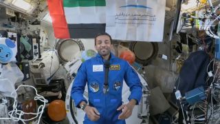 Sultan Al-Neyadi, the first United Arab Emirates long-duration astronaut, speaks during his debut orbital press conference on March 7, 2023 in the International Space Station.
