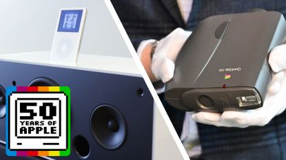 An iPod Hi-Fi sitting on a table next to some white-gloved hands holding an Apple QuickTake camera