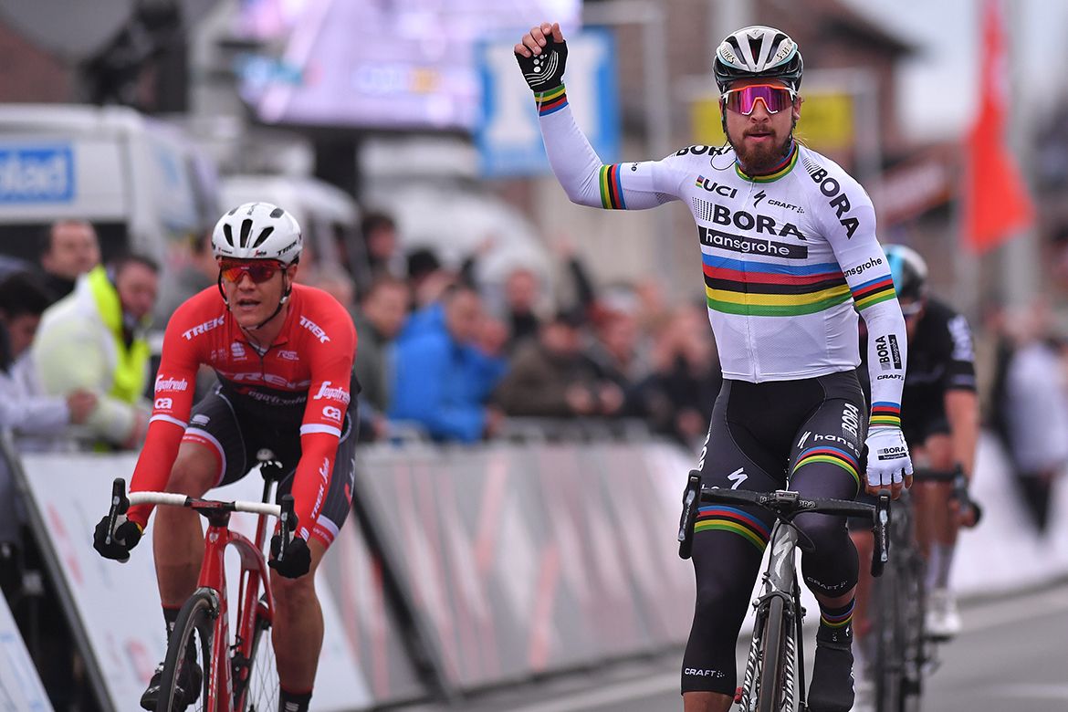 Peter Sagan sprints to a Kuurne-Brussel-Kuurne victory.