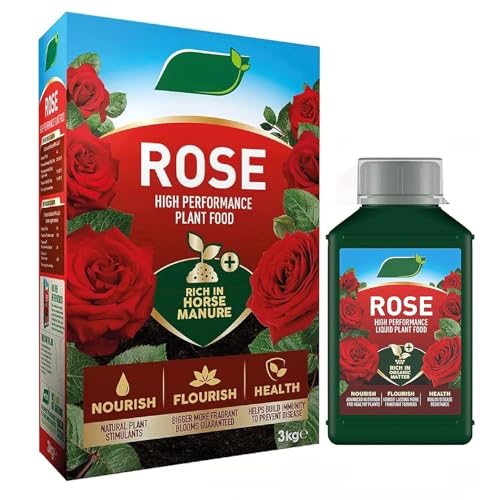 Rose Plants Feeding Growing Bundle - Rose Food Enriched Horse Manure 3kg &amp;amp; Rose Feed Liquid 1l Garden Fertiliser for Outdoor Plants or Houseplants With Topline Card.