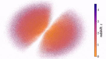a swirling cluster of tiny orange masses grouped in two blobs.