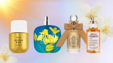 A collage of solar-style perfumes from PHLUR, Floral Street, Penhaligon's and Maison Margiela on a blue gradient background with a sunshine effect and stock images of white flowers.