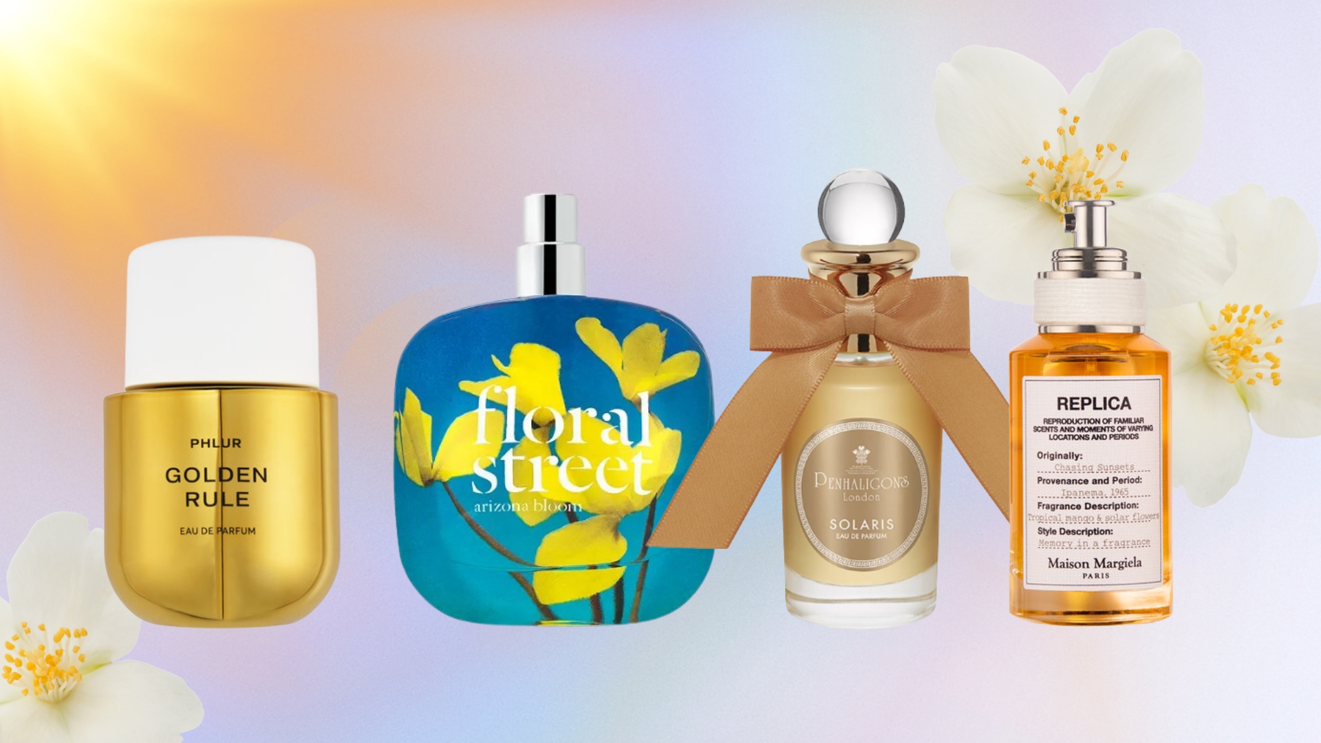 A collage of solar-style perfumes from PHLUR, Floral Street, Penhaligon's and Maison Margiela on a blue gradient background with a sunshine effect and stock images of white flowers.