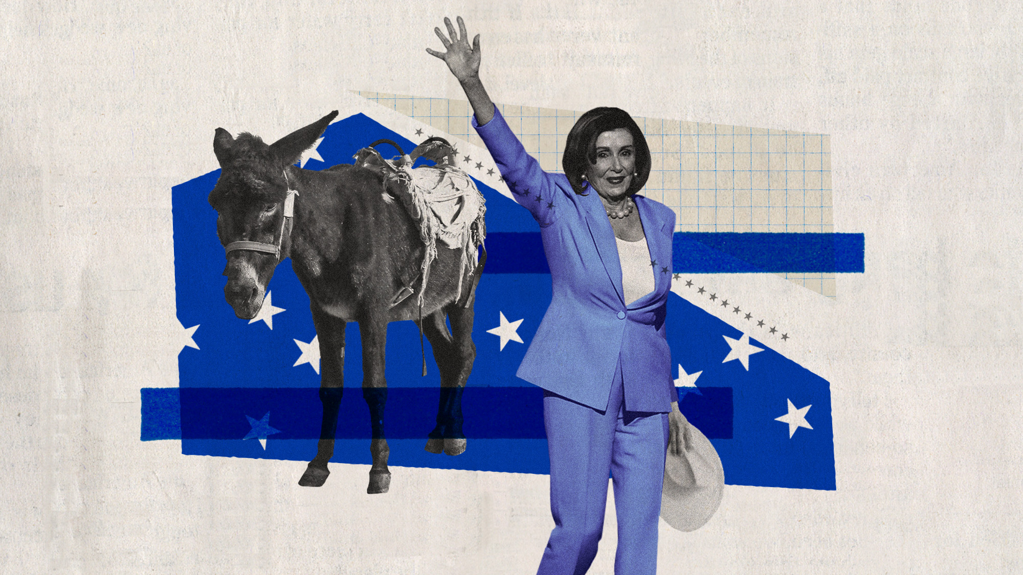 Photo collage of Nancy Pelosi waving while walking away from a saddled donkey