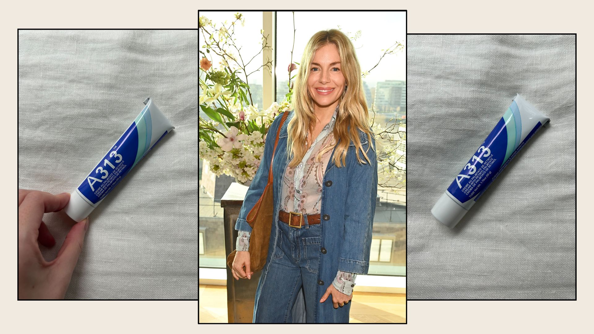 A picture of Sienna Miller and her favourite A313 retinol against a white linen background