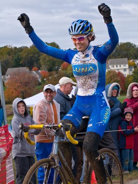 After leading from start to finish, Georgia Gould (Luna Pro Team) celebrates the victory.