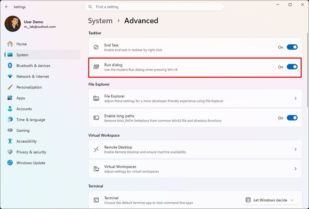 User interface showing system settings with "Advanced" options. "Run dialog" is highlighted in red. Toggle switches indicate settings are "On."