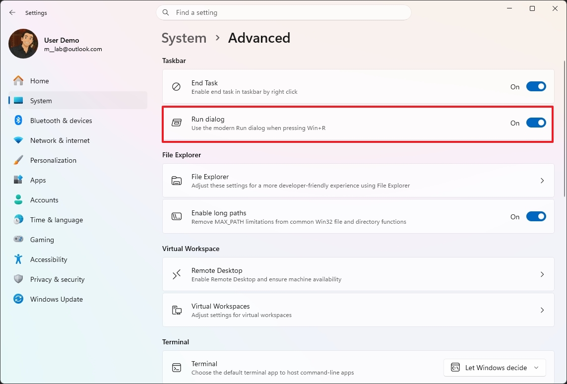 User interface showing system settings with "Advanced" options. "Run dialog" is highlighted in red. Toggle switches indicate settings are "On."