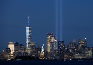 A photo of the NYC Skyline as they test the memorial lights for the 20th anniversary of 9/11.