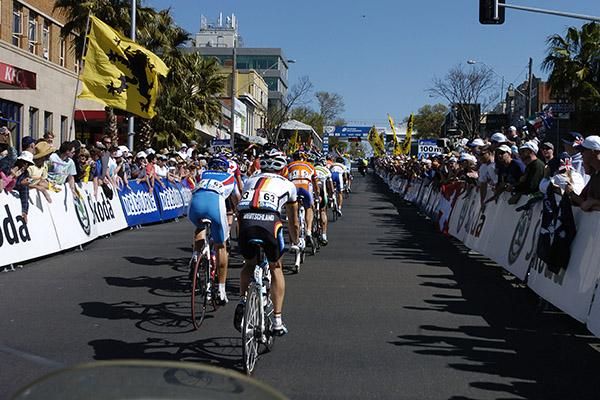 The peloton head up Moorabool Street in Geelong during the elite men's road race.