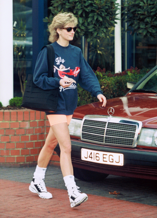 Princess Diana, Princess of Wales, wearing Virgin Atlantic sweatshirt and shorts, leaves Chelsea Harbour Club, London on November 01, 1995 in London, England