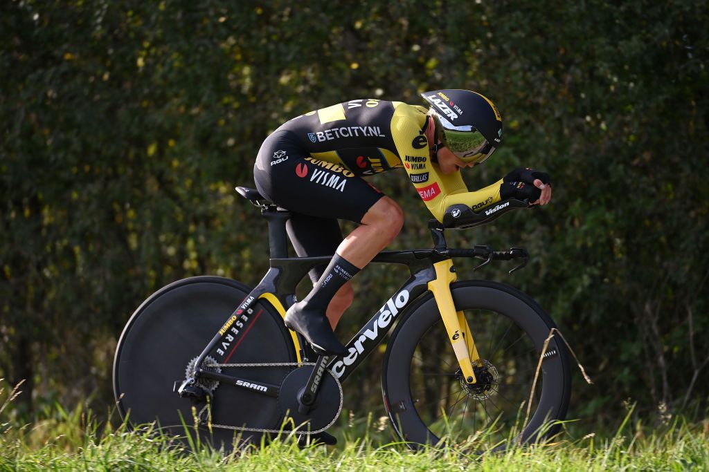 PETANGE LUXEMBOURG SEPTEMBER 23 Koen Bouwman of The Netherlands and Team JumboVisma sprints during the 83rd Skoda Tour Luxembourg 2023 Stage 4 a 239km individual time trial from Ptange to Ptange on September 23 2023 in Petange Luxembourg Photo by Tim de WaeleGetty Images