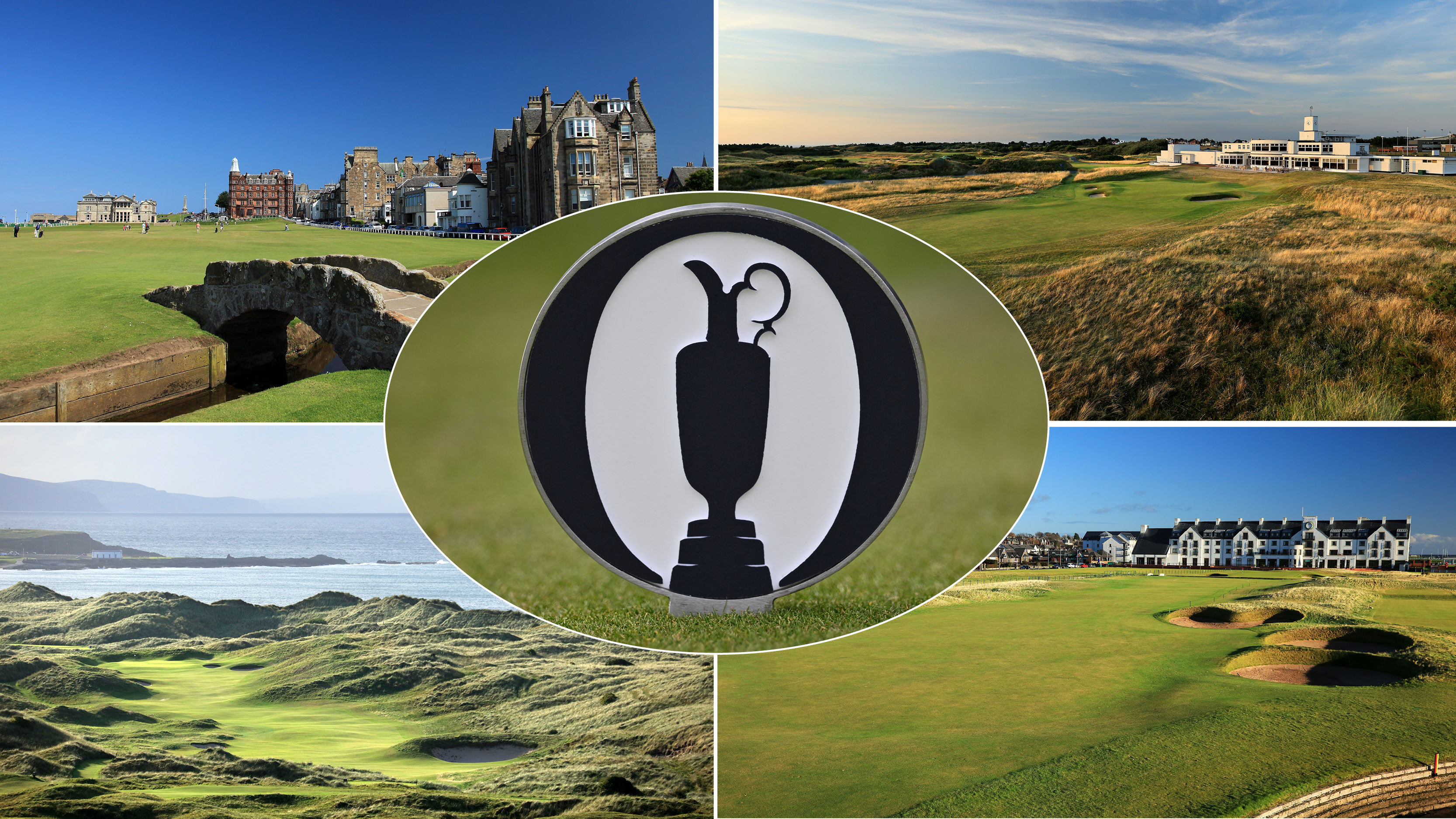 The Claret Jug logo and four Open golf courses