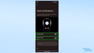 A screenshot showing the camera flash and screen flash toggles in Android 14