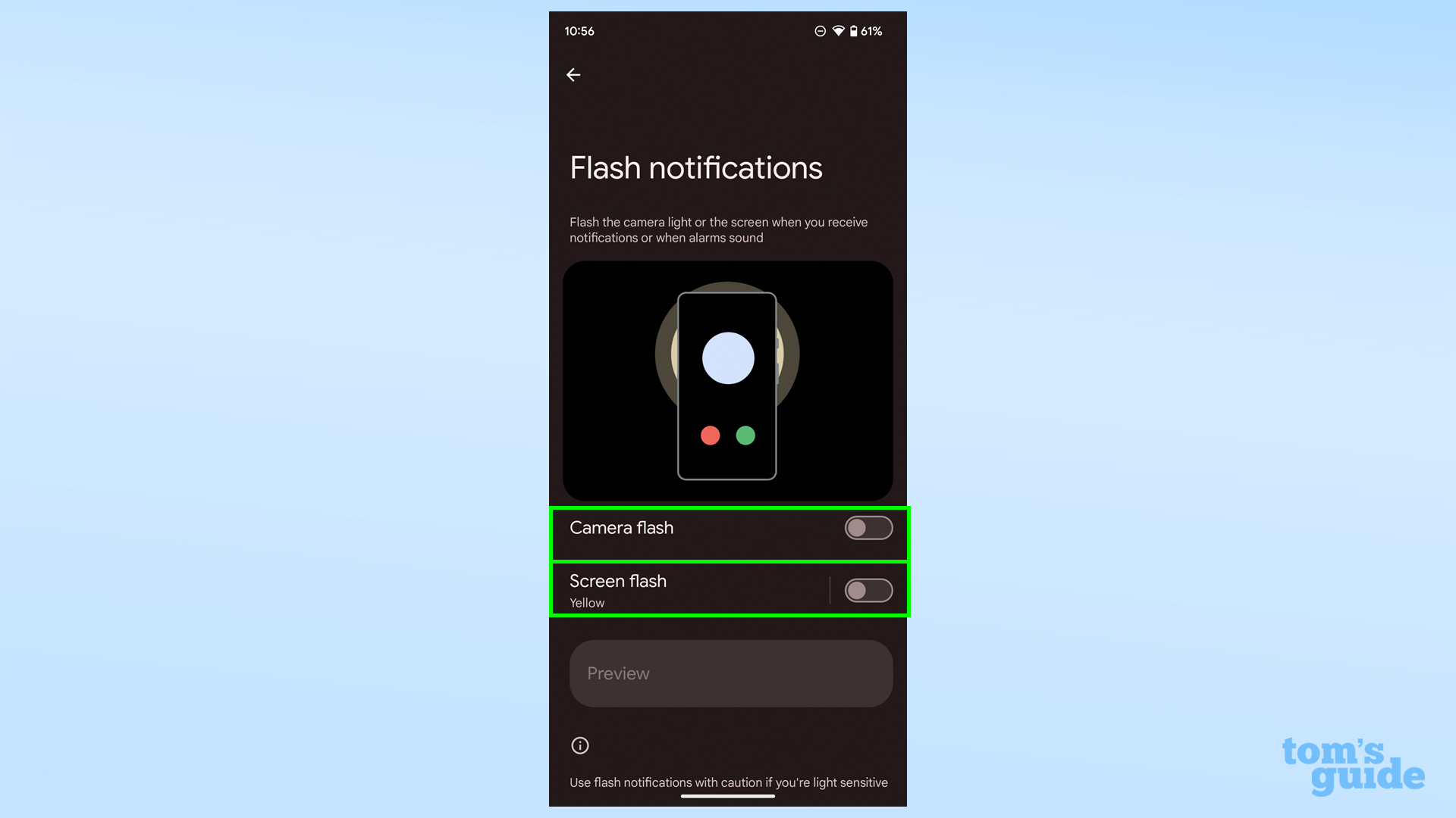 Снимок экрана, показывающий вспышку камеры и экранную вспышку в Android 14.