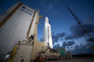 Ariane 5 and ATV Edoardo Amaldi on the launch pad, on 21 March 2012, in Kourou, French Guiana.