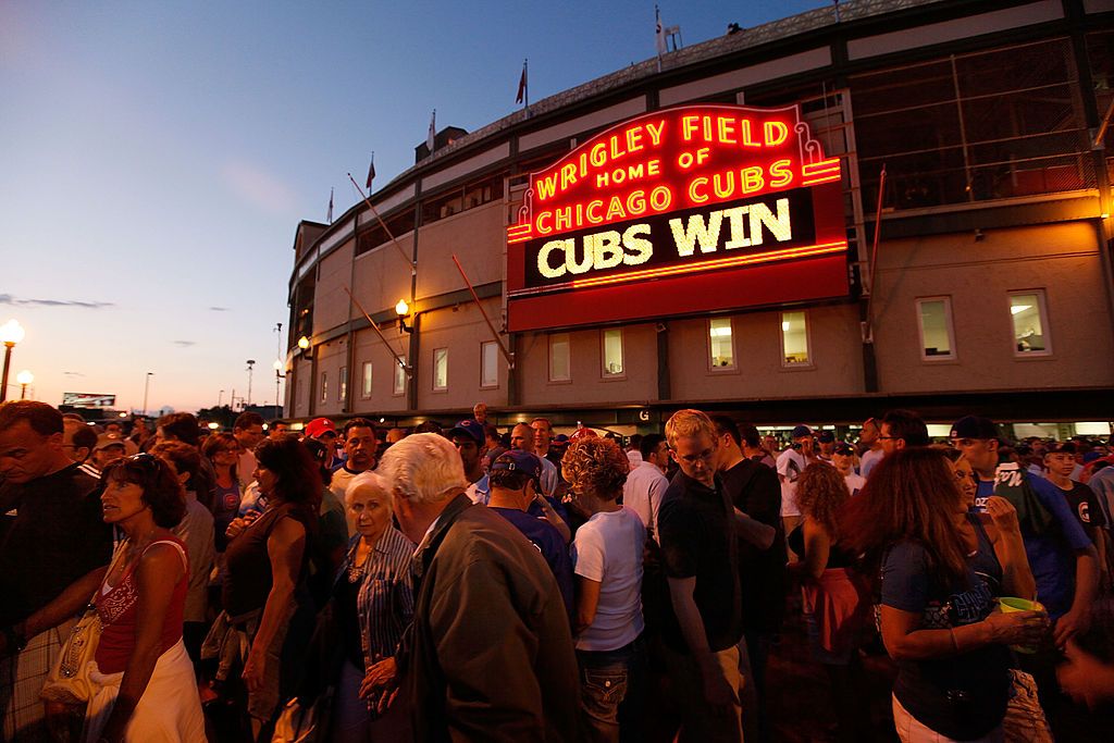 Fans celebrate after the Cubs win the World Series.