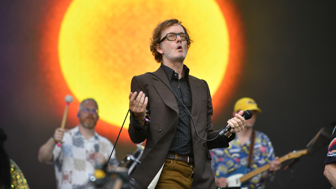 Pulp's Jarvis Cocker onstage at Glastonbury 2025