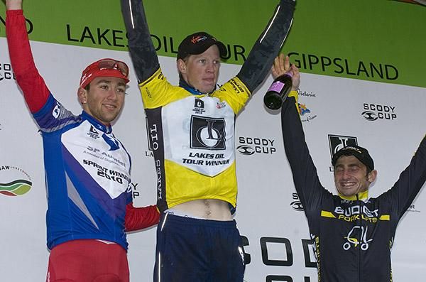 The final tour's GC podium (l-r): Jospeh Lewis (2nd,Drapac Porsche), Patrick Shaw (1st,Virgin Blue/RBS Morgan), and Rico Rogers (3rd,Budget Forklifts).