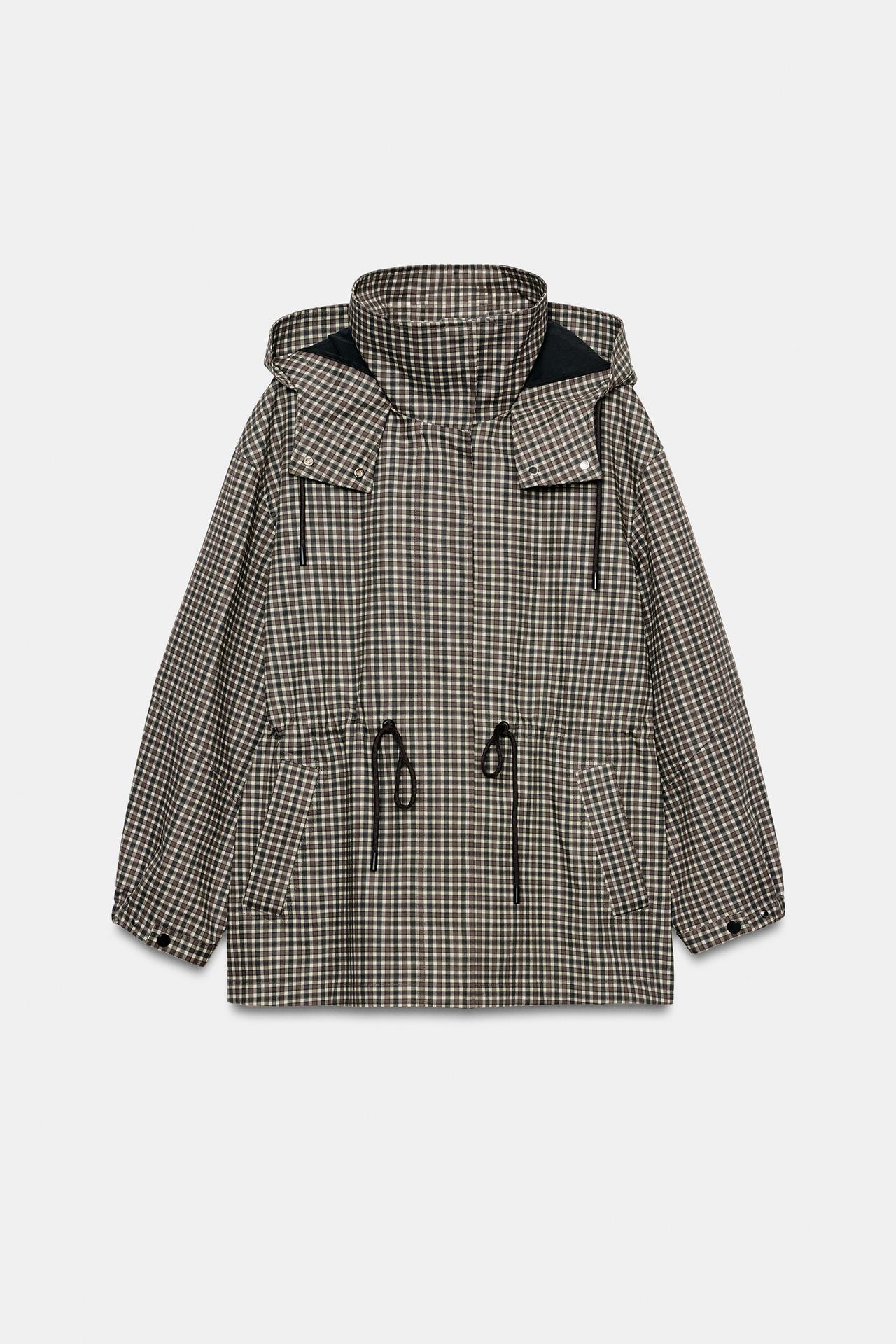 ZARA, Plaid Hooded Jacket - Brown - Xs