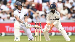 England captain Ben Stokes bats watched by India wicketkeeper Rishabh Pant during day three of the 1st Rothesay Test Match between England and India at Headingley