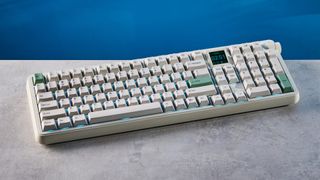 A white Epomaker RT100 Pro wireless mechanical keyboard