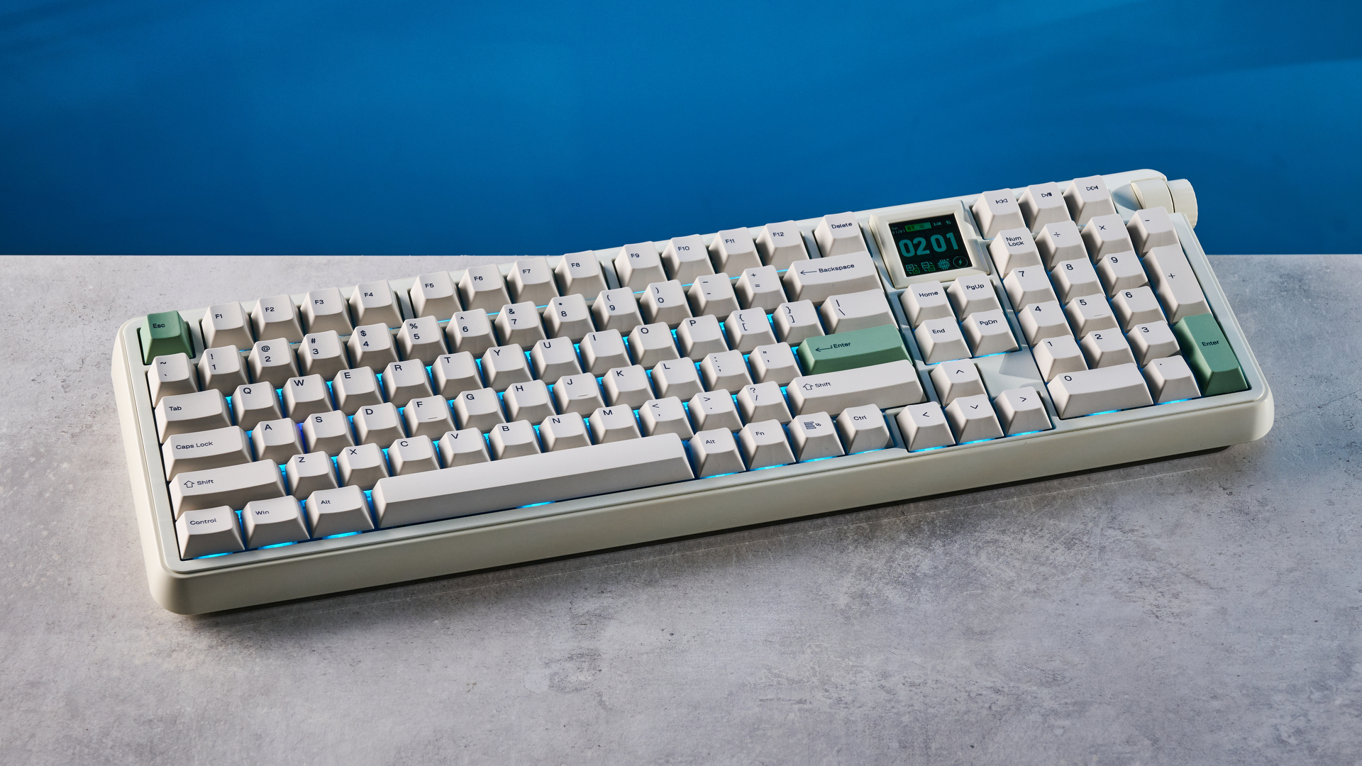 A white Epomaker RT100 Pro wireless mechanical keyboard