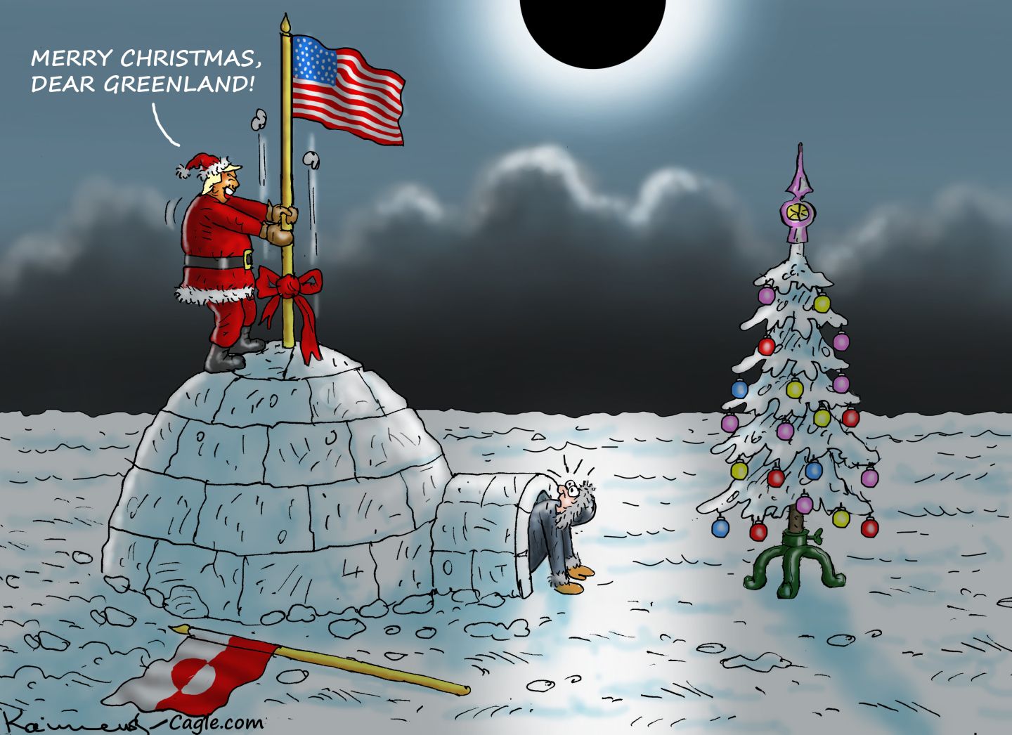 
                                Donald Trump is dressed as Santa and stands atop an igloo. He plants an American flag and speaks to a surprised man who has emerged from the igloo, which is near a decorated Christmas tree. Trump says, “Merry Christmas, dear Greenland!”
                            