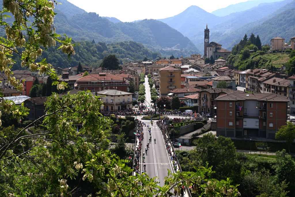 BERGAMO ITALY MAY 21 A general view of the peloton passing through Zogno City during the 106th Giro dItalia 2023 Stage 15 a 195km stage from Seregno to Bergamo UCIWT on May 21 2023 in Bergamo Italy Photo by Tim de WaeleGetty Images