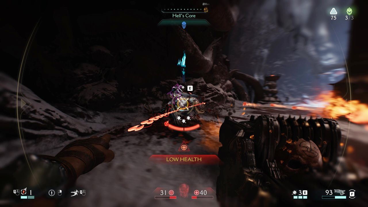 Doom: The Dark Ages - A first-person screenshot of gameplay showing the player meat hooking an enemy while firing at them.