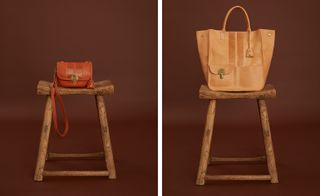 Two images, Left-Rustic orange handbag on a stool, Right- Yellow/orange Tote bag on a stool