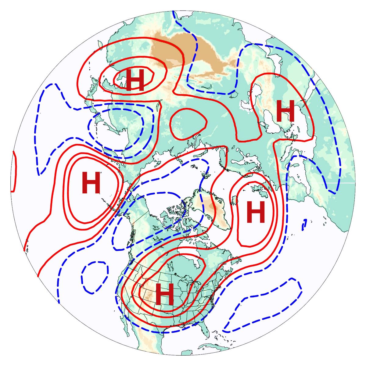 This &quot;wavenumber-5&quot; pattern often precedes heat waves and consists of five high-pressure systems, denoted &quot;H&quot; in this image. 