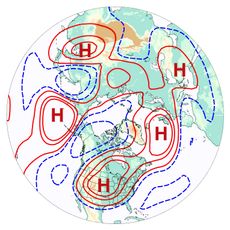 This "wavenumber-5" pattern often precedes heat waves and consists of five high-pressure systems, denoted "H" in this image. 