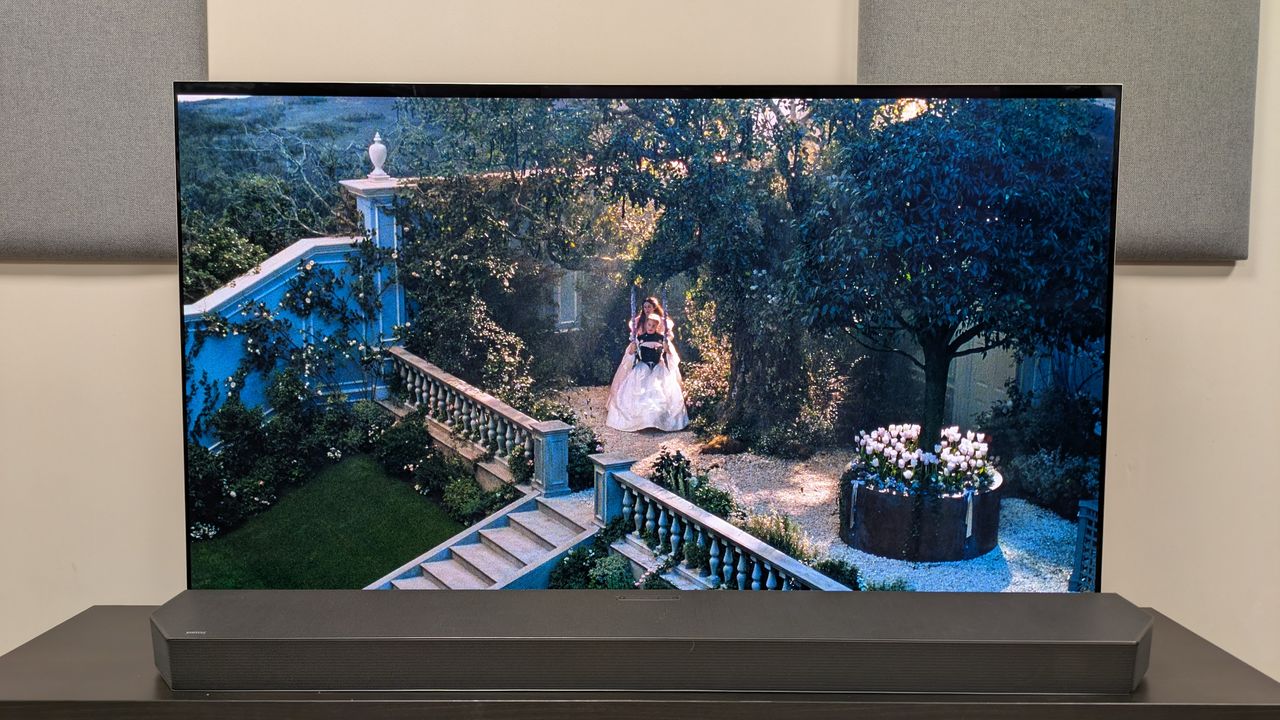 "Wuthering Heights" 4K Blu-ray showing Cathy and Isabella in a garden, shown on an LG G5 OLED