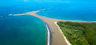 A stretch of sand that looks like a whale tail during low tide at Marino Ballena National Park in Costa Rica