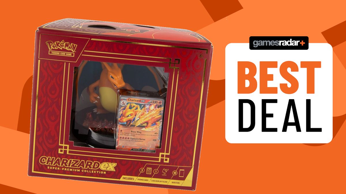 Charizard ex Super Premium Collection box beside a &#039;best deal&#039; badge, all against an orange background