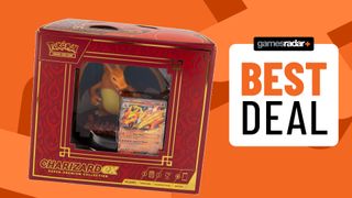 Charizard ex Super Premium Collection box beside a 'best deal' badge, all against an orange background