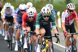 PUERTO DE ANCARES SPAIN AUGUST 30 Wout van Aert of Belgium and Team Visma Lease a Bike Green Points Jersey leads the breakaway during the La Vuelta 79th Tour of Spain 2024 Stage 13 a 176km stage from Lugo to Puerto de Ancares 1659m UCIWT on August 30 2024 in Puerto de Ancares Spain Photo by Dario BelingheriGetty Images