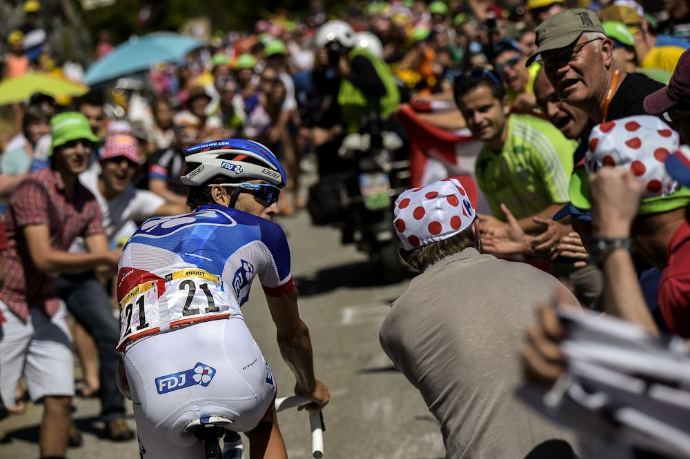 Thibaut Pinot rides through the crowds on Alpe d'Huez