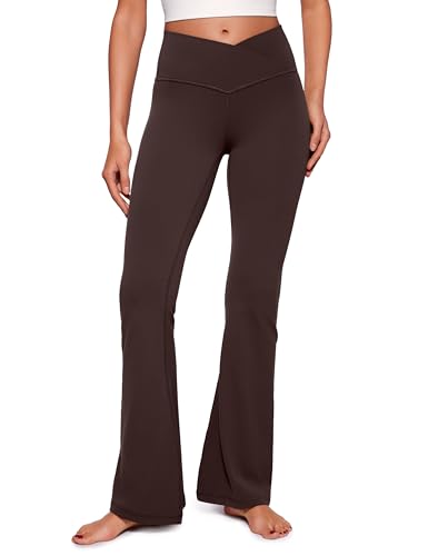 Crz Yoga Womens Butterluxe Crossover Flared Leggings High Waist Bootleg Workout Leggings Stretch Bootcut Yoga Pants - 29&quot; Hot Fudge Brown 12