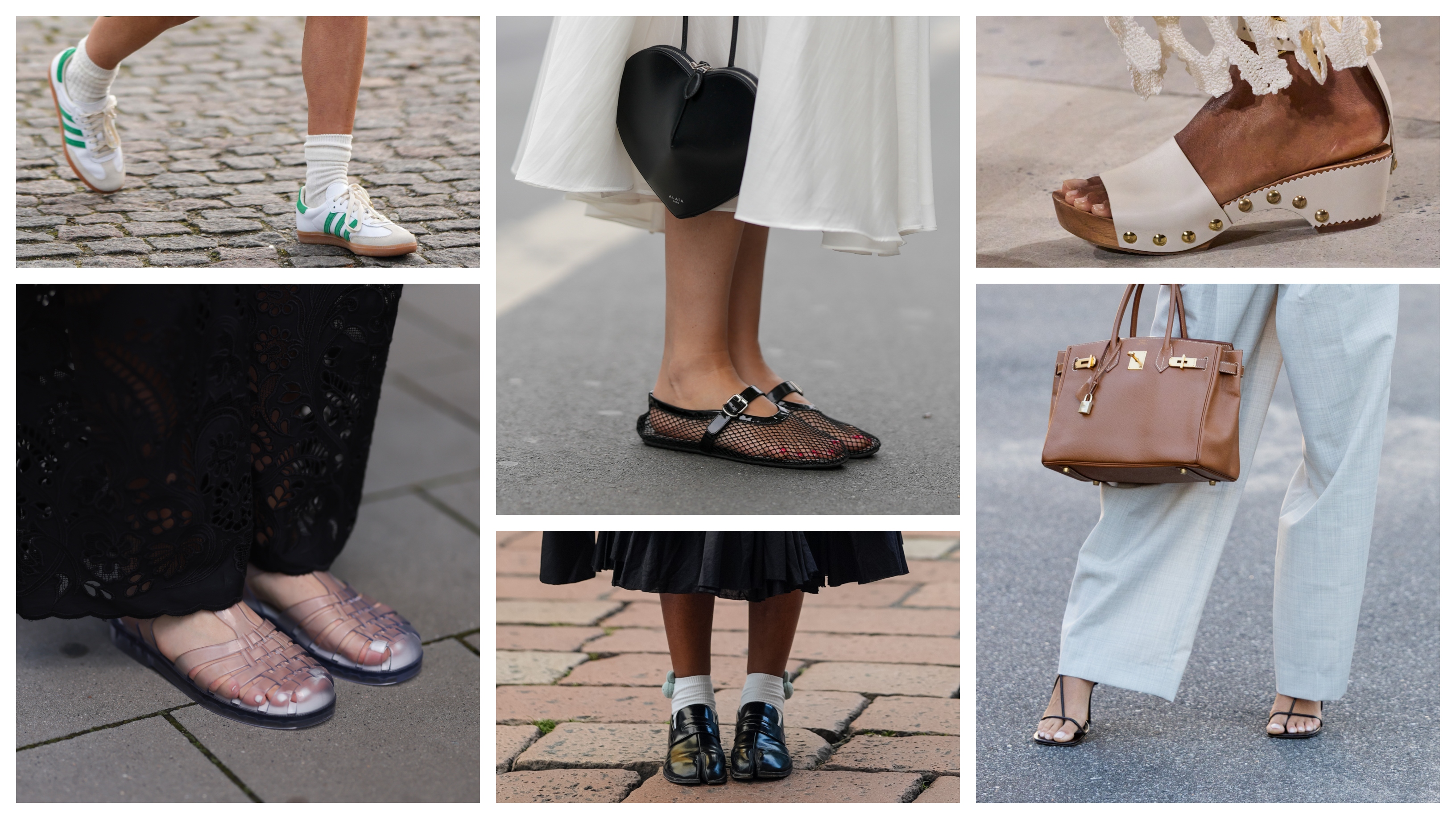 collage of women wearing summer work shoes including mesh flats, jelly sandals, sneakers, loafers, and sandals