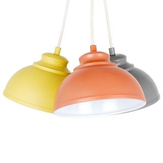 Cosy Skandi Three Galley Shade Cluster, one lampshade in orange one in grey and one in yellow