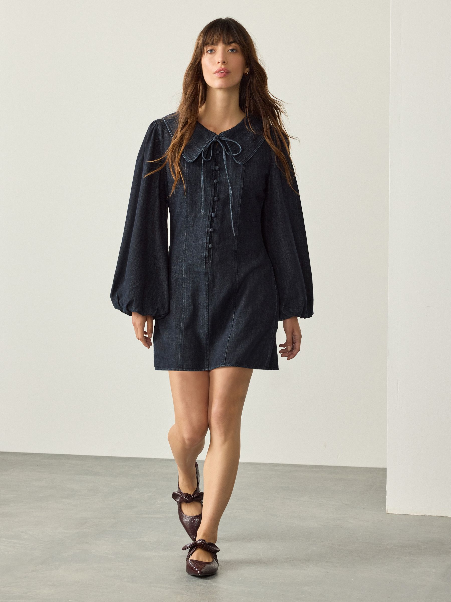 Rinse Blue Large Peter Pan Collared Long Sleeve Mini Dress
