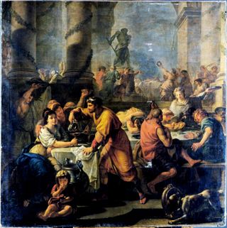 people in togas in ancient rome eat at a feast