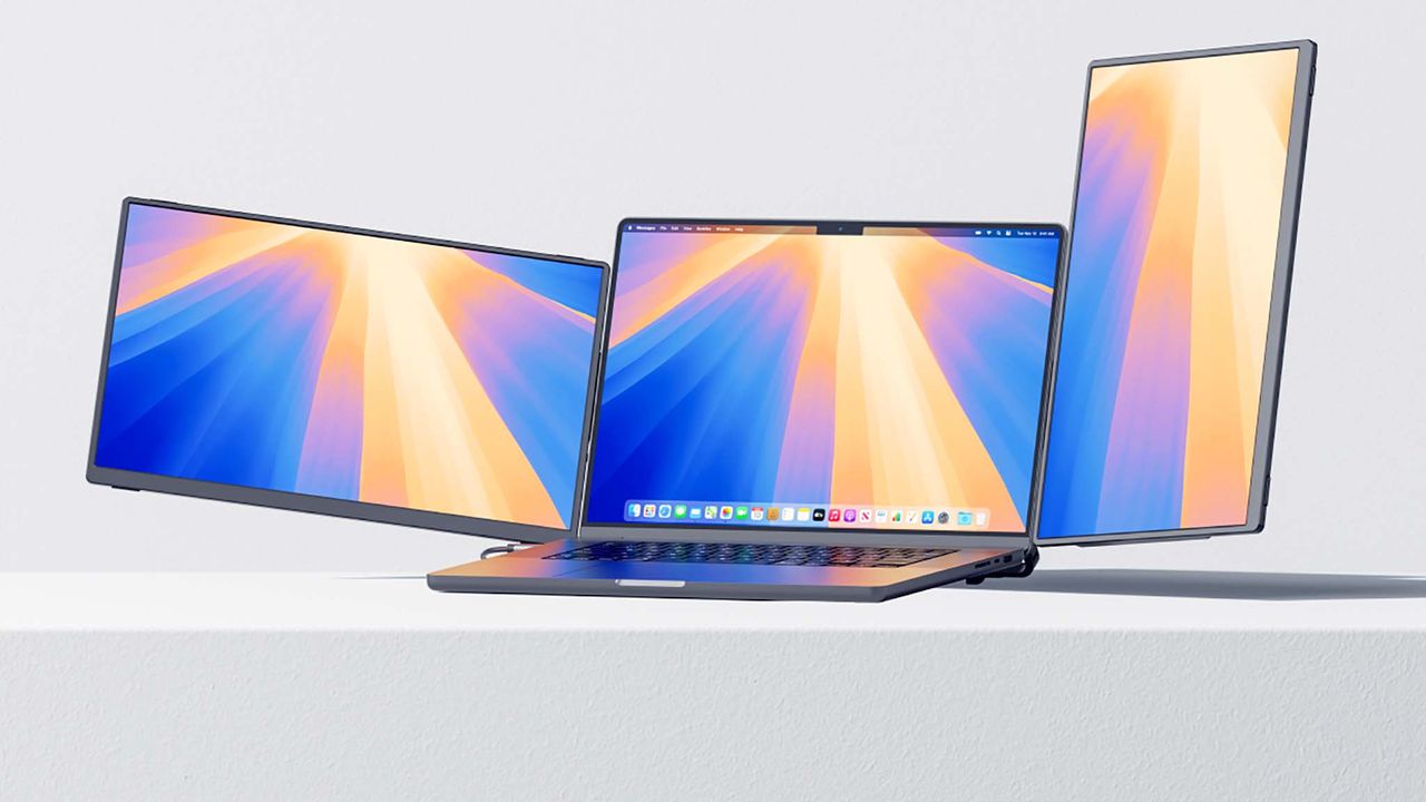 JSAUX FlipGo Horizon with one monitor in landscape orientation and the other in portrait orientation.