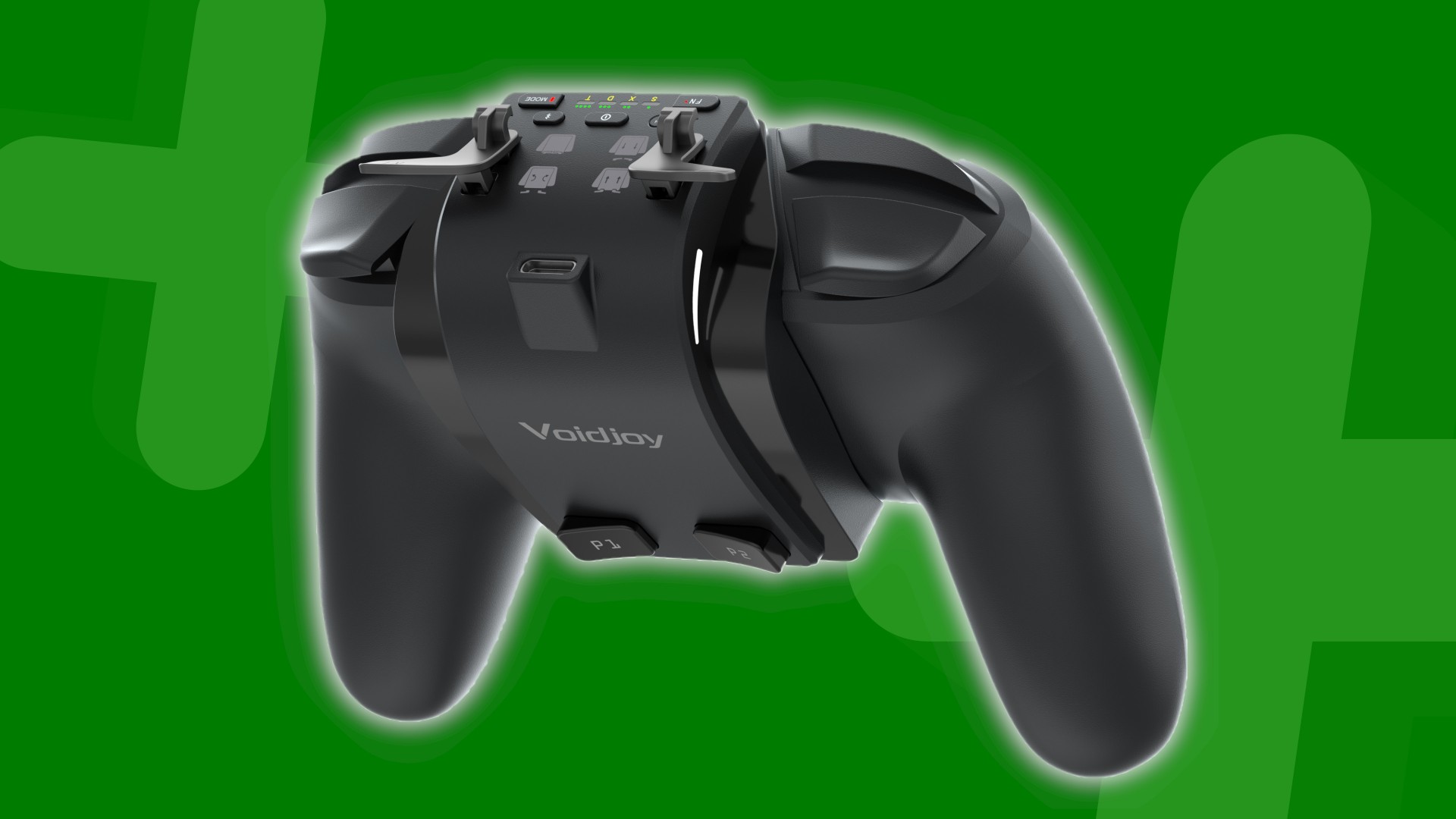 JSAUX Voidjoy Elite Extender adapter connected to Switch Pro Controller on a green background