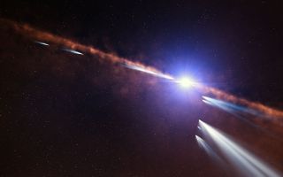This artist's impression shows exocomets orbiting the star Beta Pictoris.