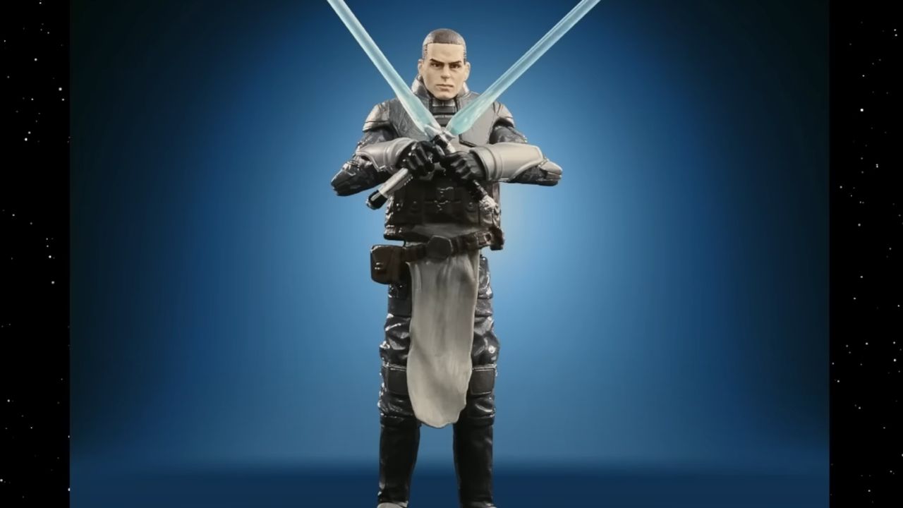 Star Wars The Vintage Collection Starkiller action figure with costume updates and crossed lightsabers